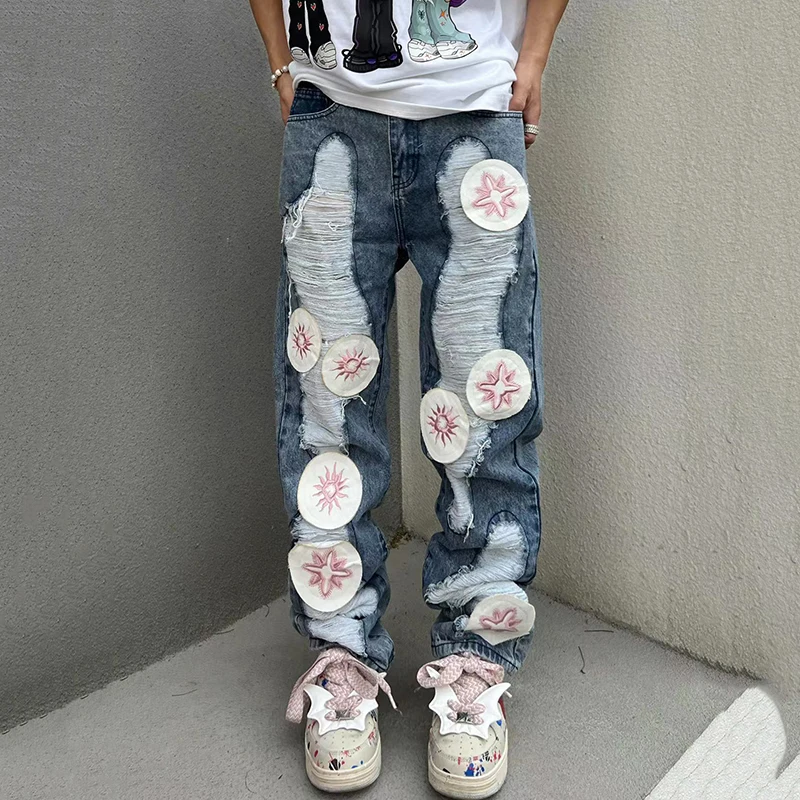 

Summer Women's Straight Pants Patchwork High Street Embroidered Hole Trend Casual Street Denim Pants Boyfriend Jeans for Women