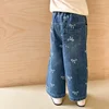 4626 Children Pant Spring and Autumn Korean Printed Bows Baby Girl's Jeans Straight Denim Pant 4