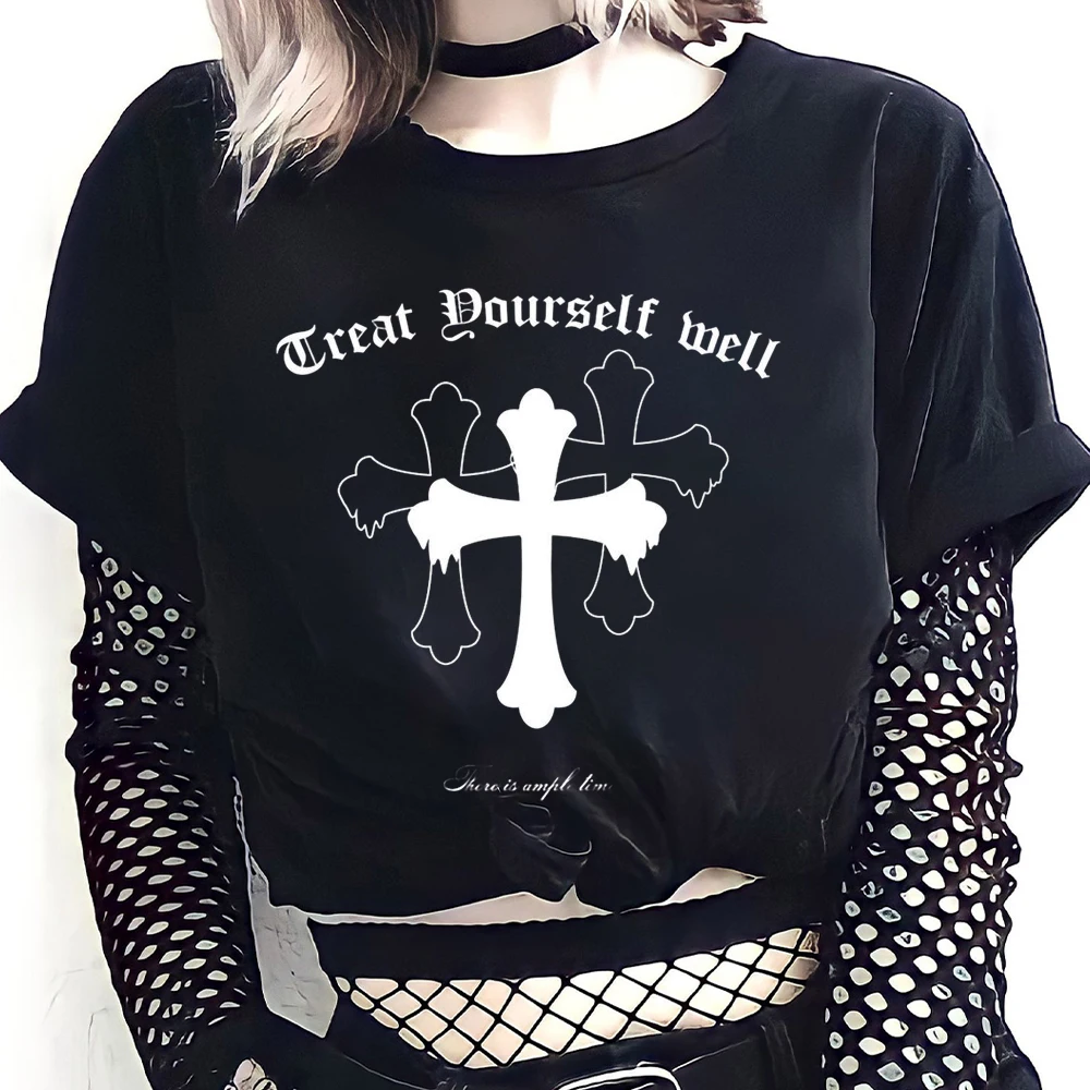 Retro Gothic Cross Short Sleeved T Shirt Women Loose Tee top Summer Clothes Y2k Tops mujer T-shirt aesthetic graphic t shirts