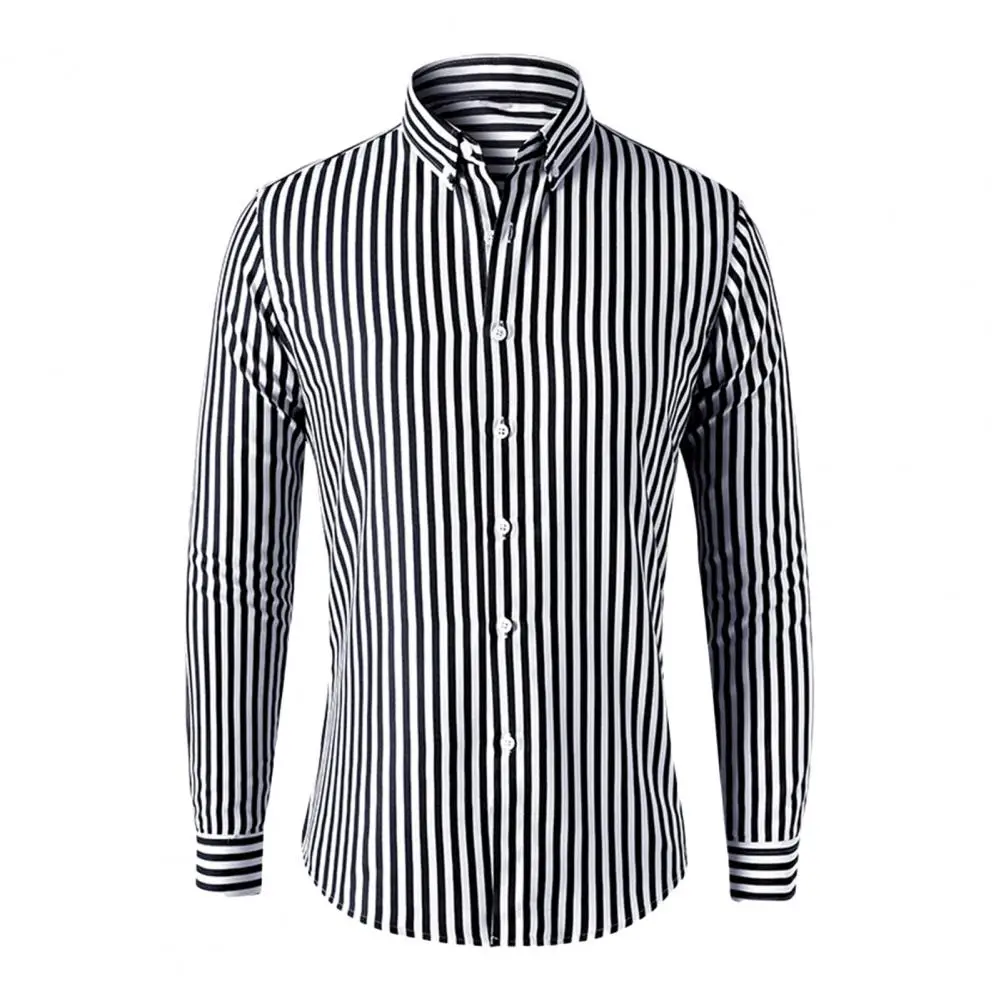 Button-up Shirt Formal Business Style Men's Striped Cardigan with Turn-down Collar Slim Fit Single-breasted Design Plus for Mid