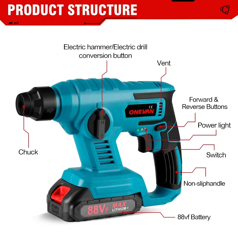 1000W 8600IMP Electric Hammer Rechargeable Cordless Multifunction Rotary Hammer Impact Drill Power Tool for Makita 18V Battery 4