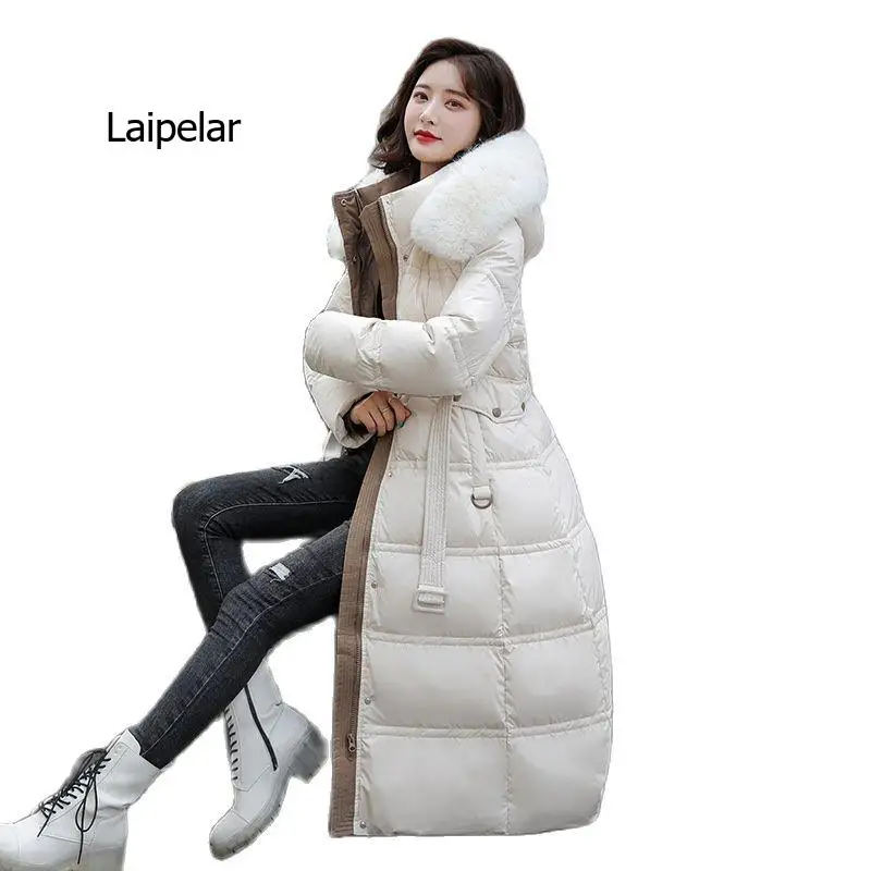 

Women Winter Hooded Faux Fur Collar Big Pocket X-Long Belted Coat Mom's Puffer Jacket Cotton Padded Parkas Outwear Overcoat