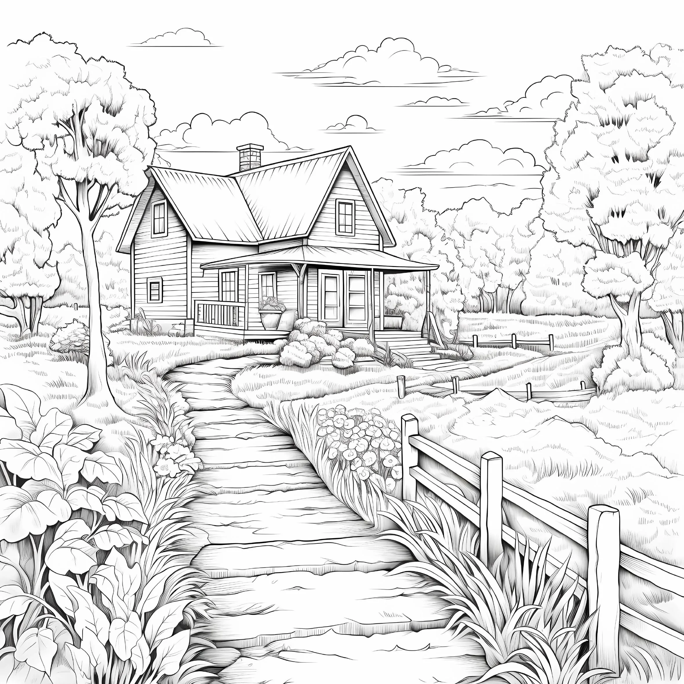 Quiet Countryside Coloring Book 20 Page House Landscape Adult Picture Book Kill Time Relaxing Art  Doodle Painting Drawing 4
