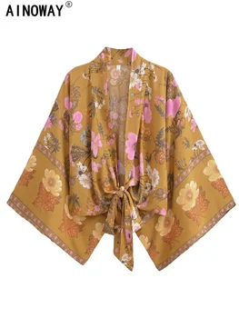 Vintage Floral Print Sashes Short Robe Kimono Women Fashion Batwing Sleeves Rayon Cotton Bikini Boho Cover-ups Beach Wear 1