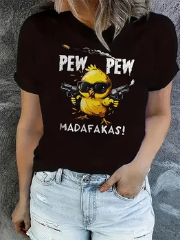 Women's Casual Graphic T-Shirt with Playful Chick PEW PEW MADAFAKAS Print Short Sleeve T Shirt Clothing Top Tee 1