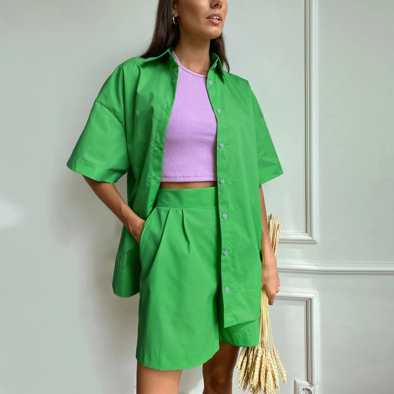 

Casual Women Short Set Tracksuit Loungewear Two Piece 2022 Summer Women Outfits Oversized Long Shirt And High Waist Shorts Green