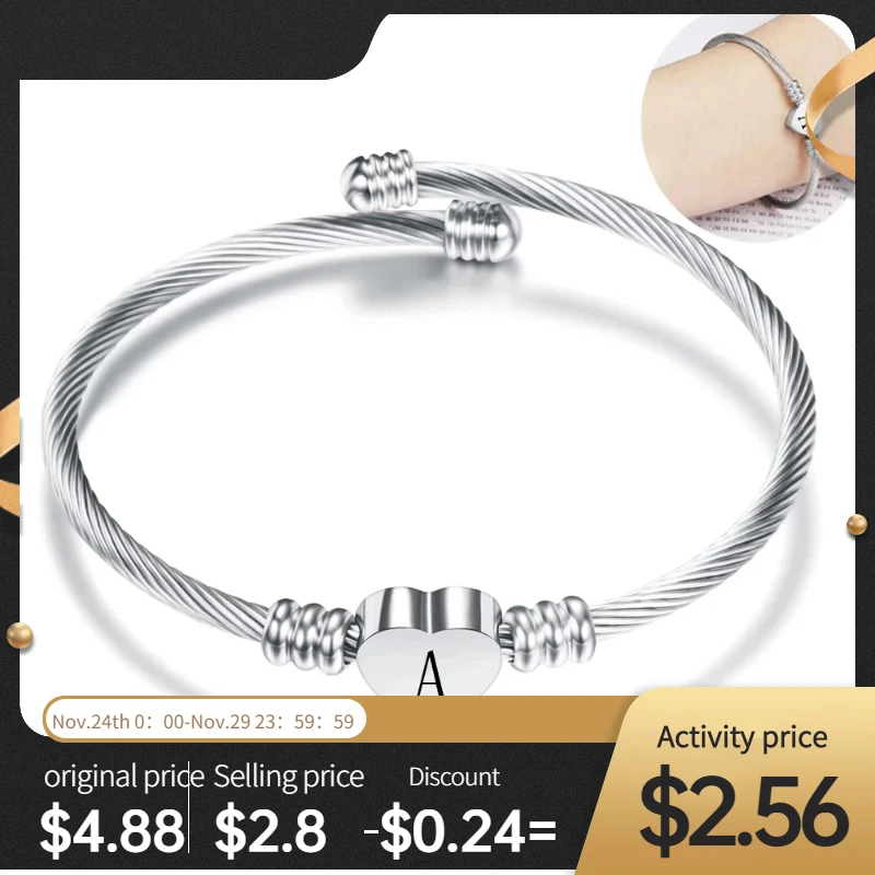 Fashion Heart Charm Bangle With Initial Alphabet Letter Engrave Women Jewelry Cuff Bangles For Party Gift bangle bracelet