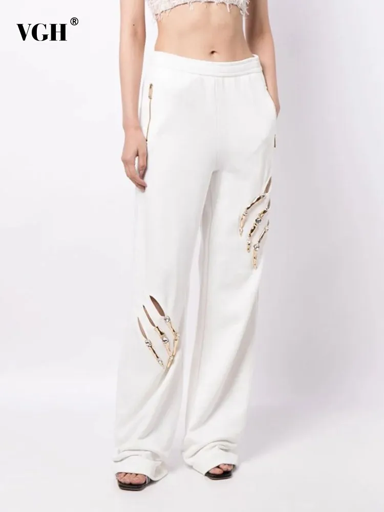 

VGH solid hollow out casual trousers for women high waist patchwork diamonds slimming minimalist wide leg pants female fashion