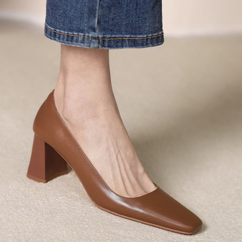 

Women Elegant Dress Pumps Square Toe Simple Shoes Woman French Style Women Pumps On Thick Heel 6.5 CM Cowhide Spring Daily Pumps