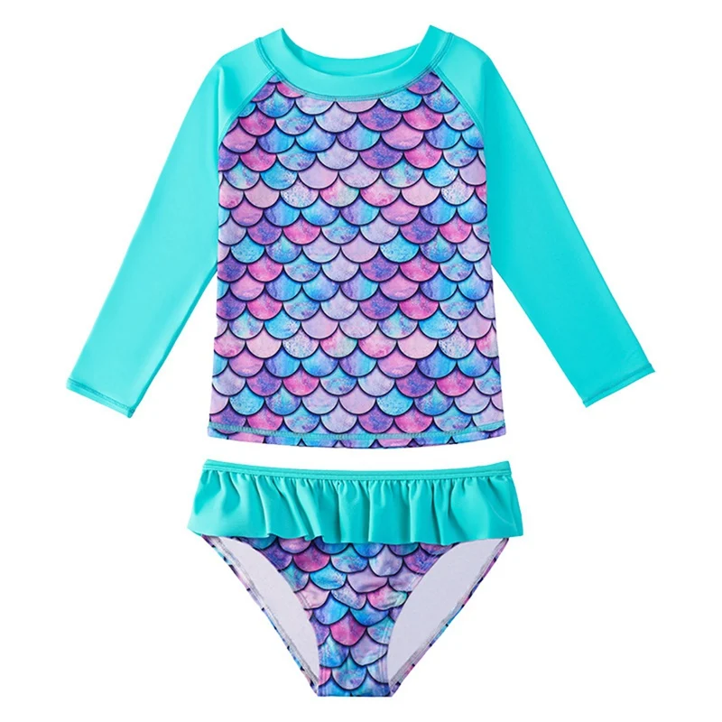 Children Swimsuit Girls' Two-Piece Split Swimsuit Sweet Long Sleeve Cartoon Fish Scale Print Pullover With Ruffle Briefs Beach Wear