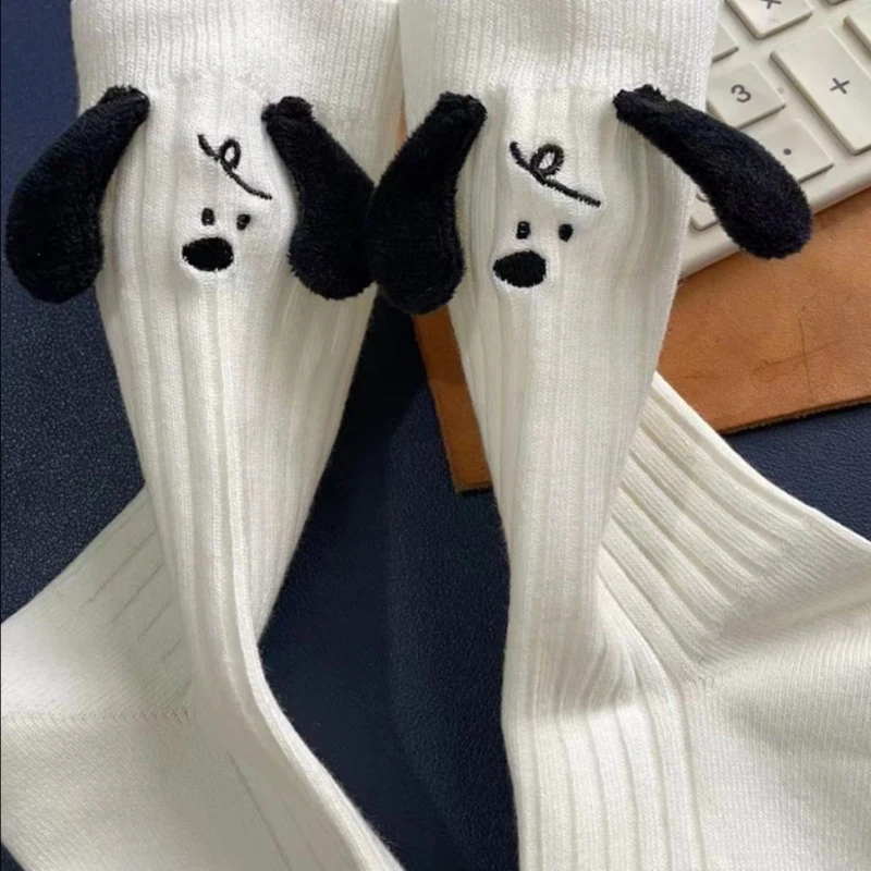 

3D Doll Socks Children Spring/Summer Black Eared Dog Mid length Socks Embroidered Vertical Stripes Versatile Stacked Socks Femal