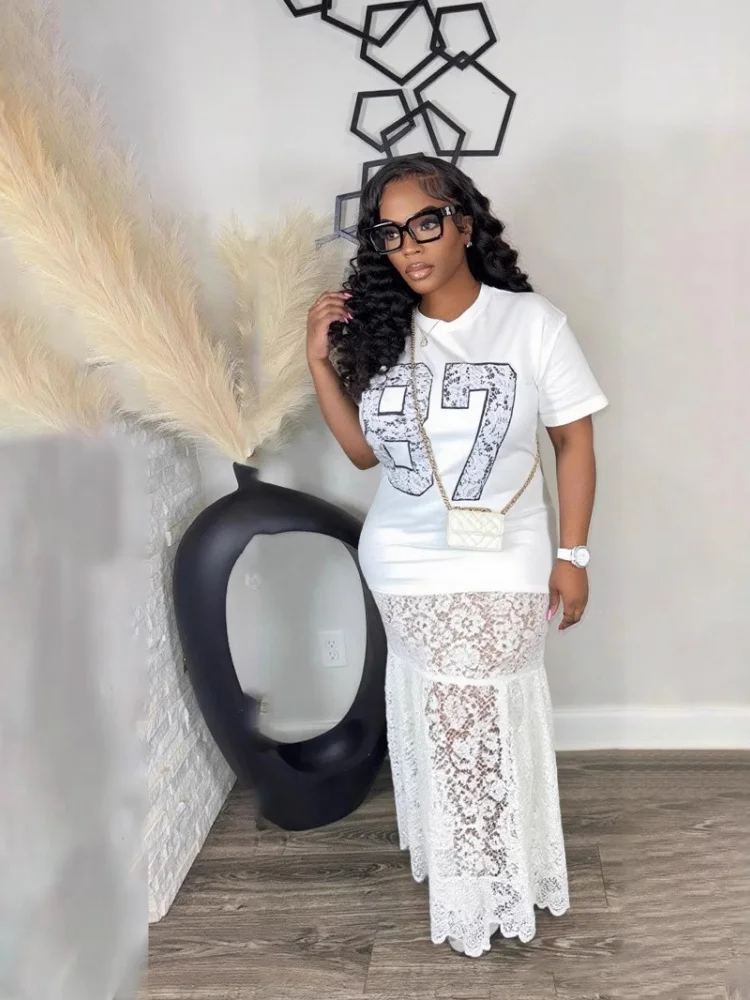 Wmstar 2025 new woman summer Sexy hot  suitable dress Lace dress letter print O neck Short sleeve long thin light dress