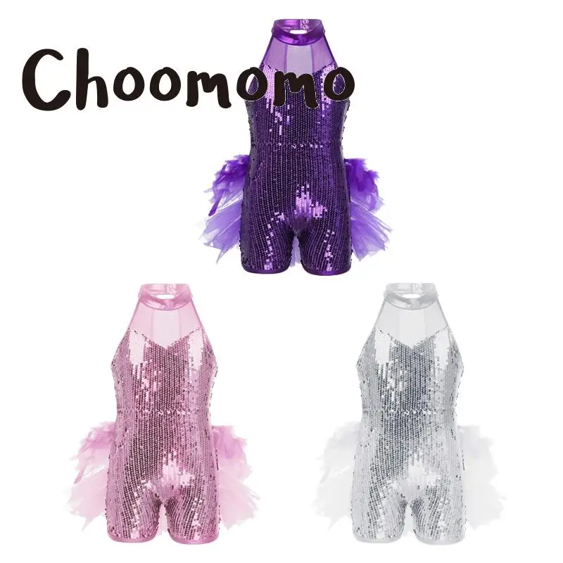 

Choomomo Kids Girls Pure 3 Color Mesh Patchwork Shiny Sequins Mock Neck Leotard Latin Dance Dresses with Feather Ballet Dress up