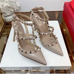 2024 Genuine Leather Rivet Fashion Classic High Heels Summer Black Slim High Heel Sandals Pointed Women's Party Wedding Pumps 41