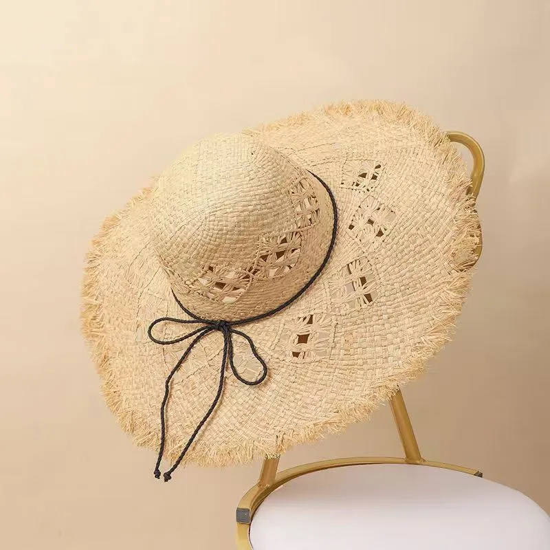 Summer Women'S Flap Beach Hat Bow Hollow Large Brim Sun Shade Sunscreen Raffia Straw Hat Women'S Handmade Straw