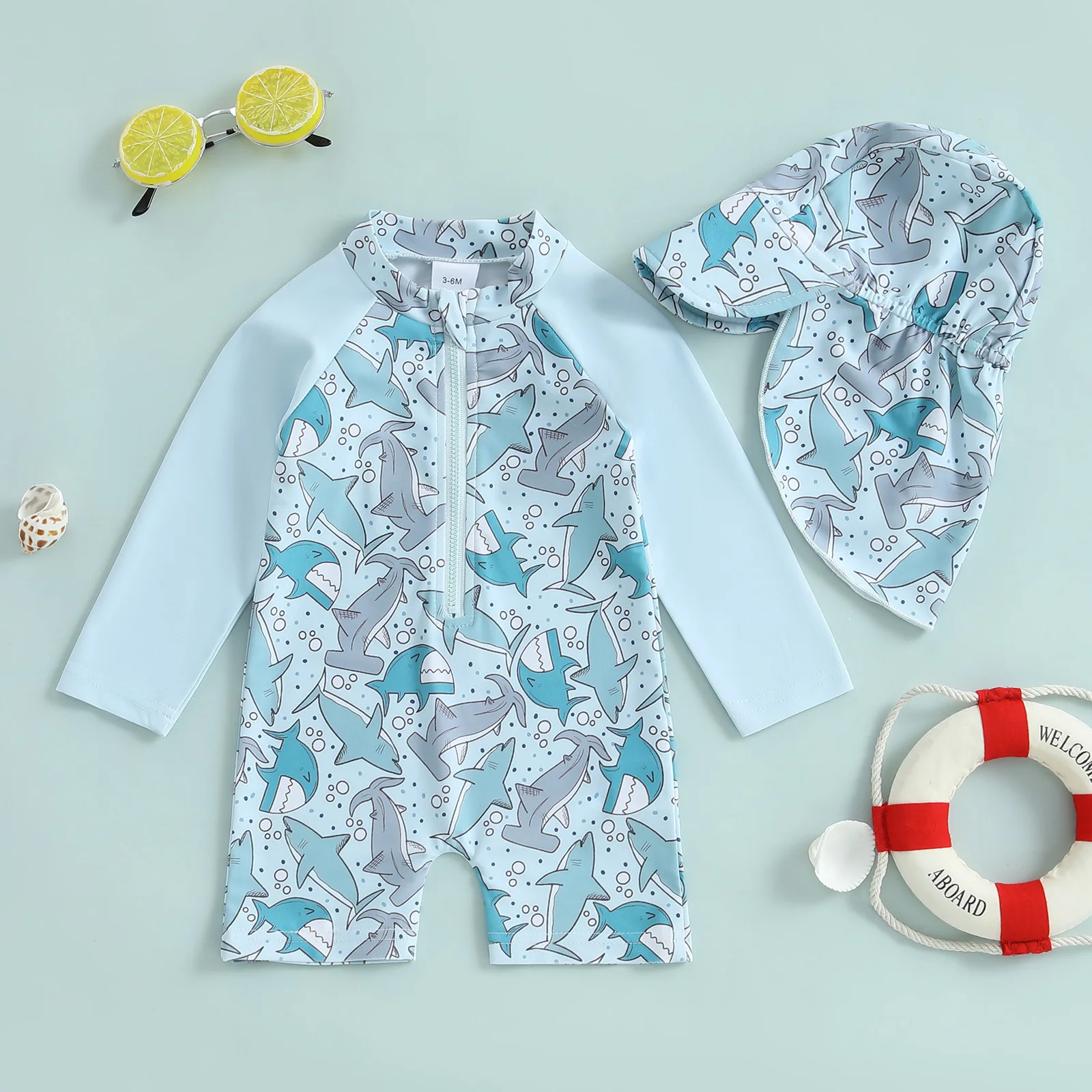 MISOWMNJOY Infant Swimwear Cute Summer Baby Boys Bathing Suit Swimsuit with Hats Dinosaur Print Zipper Long Sleeve Beachwear