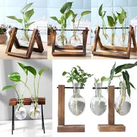 Frame Glass Vase Tabletop Terrarium Hydroponics Plant Vases Bonsai Transparent Flower Pot with Wooden Tray Home Decor 1