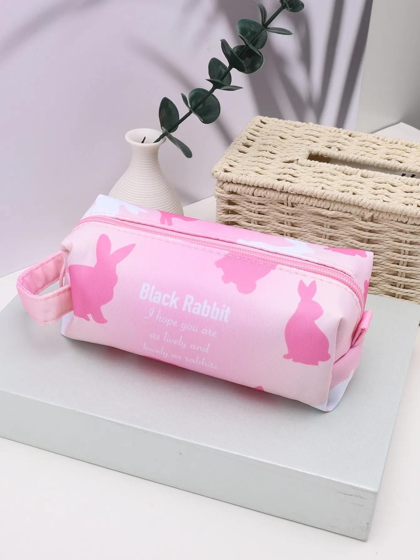 1 토끼무늬 필통, 휴대용 문구류 수납가방 - 원형 지퍼 디자인 학용품, 사무용 데스크탑 수납