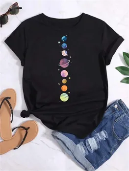 Maycaur T Shirt Women Moon Planet Print Fashion Tee Shirts Casual Round Neck Short Sleeve Streetwear Female T-Shirt Vintage Tops 1