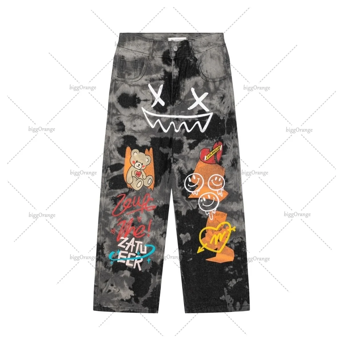 

Street Popular Tie-dye Fabric Personalized Graffiti Printing Straight Wide-leg Pants Women's Fashion Korean Casual Jeans Y2k