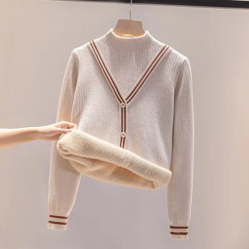 

Новинка 2023, осенне-зимний вязаный женский свитер, сплошной плюшевый теплый свитер с коротким высоким воротником, модный Повседневный свитер в полоску