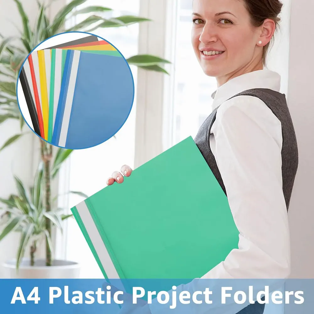 5-pack project folders, A4 plastic folders, transparent cover, double-hole binding clips, specifically for document storage. - 5