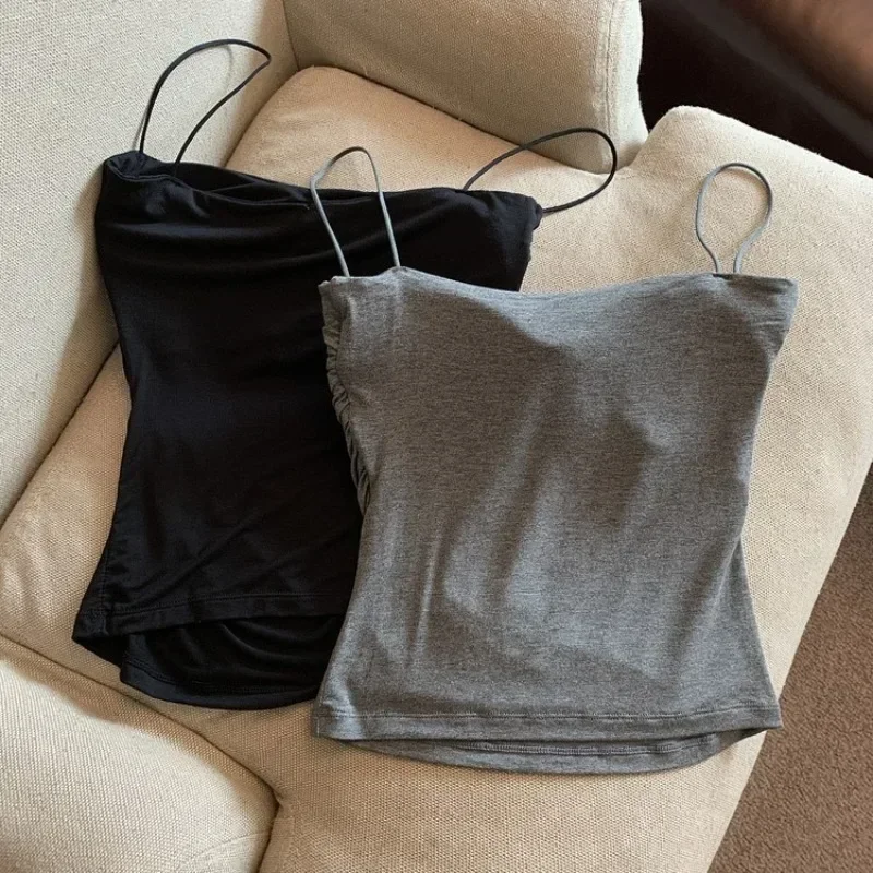 Spaghetti Strap Tanks Women Built In Bra Summer Camis Casual Tops Solid Color Female Korean Style