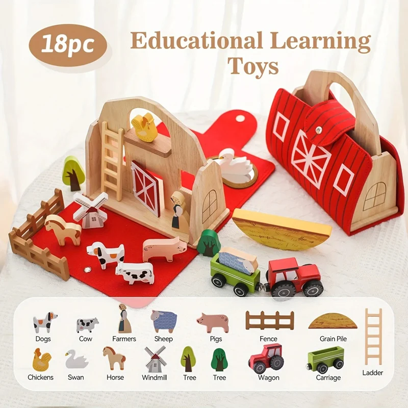 18Pcs Farm Animals Barn Toys Wooden Montessori Stacking For Toddlers Red Barn Toys Farm Pretend Playset Birthday Gift-Y46A