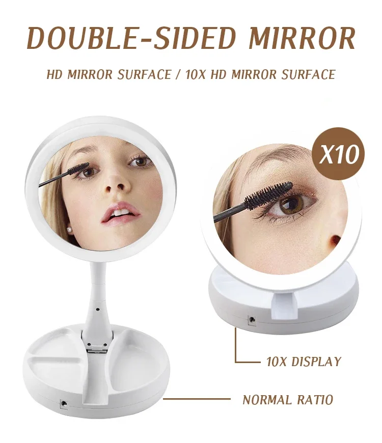 Desktop 360 degree rotating vanity mirror with double sided view and LED lights.