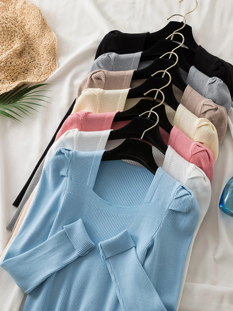 2026 new women sweater sqaure collar long sleeves elastic Autumn Winter sweaters solid sexy Female Knitted pullover slim tops