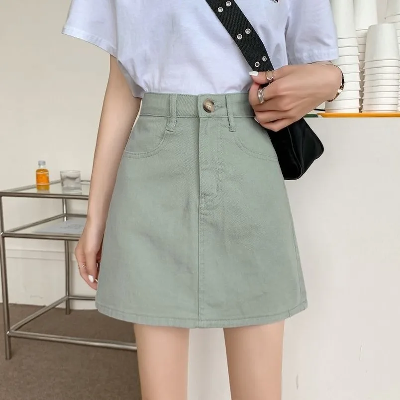 

Summer Women Vintage High Waist Cotton Denim Jean Skirts Female Students Versatile Korean Casual A-Line Skirt Solid Howdfeo