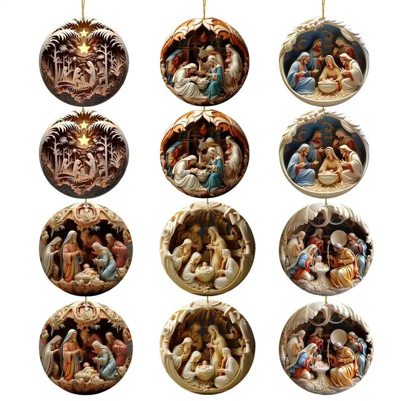 12pcs Wood Jesus Nativity Scene Pendant Christmas Tree Ornament The Birth Of Jesus Pendant Christian Navidad Decor New Year Gift