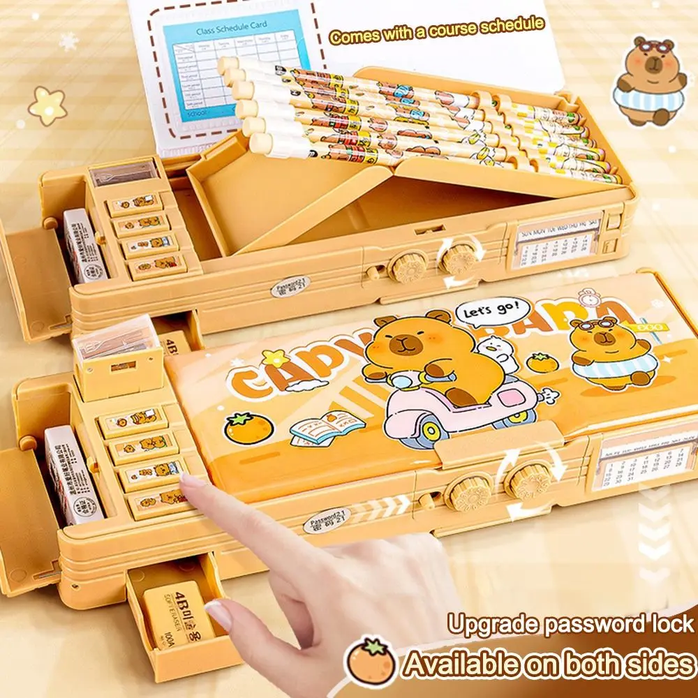 Multifunctional Capibara Pencil Case Large Capacity with Password Lock Stationery Box Double Layer High-tech Pen Box pencil cases stationery box