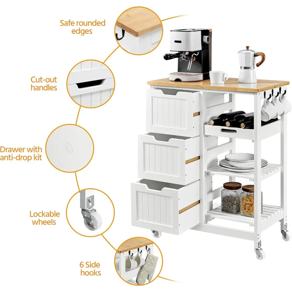 Kitchen island cart on wheels with bamboo countertop, 3 drawers, 3 removable shelves, lockable casters, storage cabinet 6