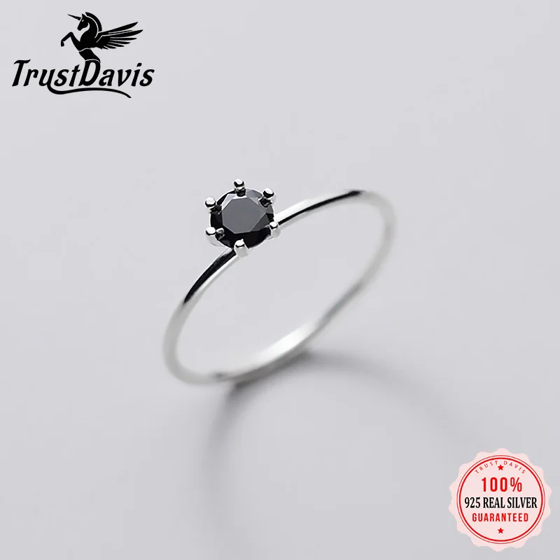 TrustDavis 진짜 925 스털링 실버 반지 쥬얼리 패션 블랙 반짝 이는 CZ 손가락 반지 여성을위한 웨딩 파티 보석 선물 DA1380