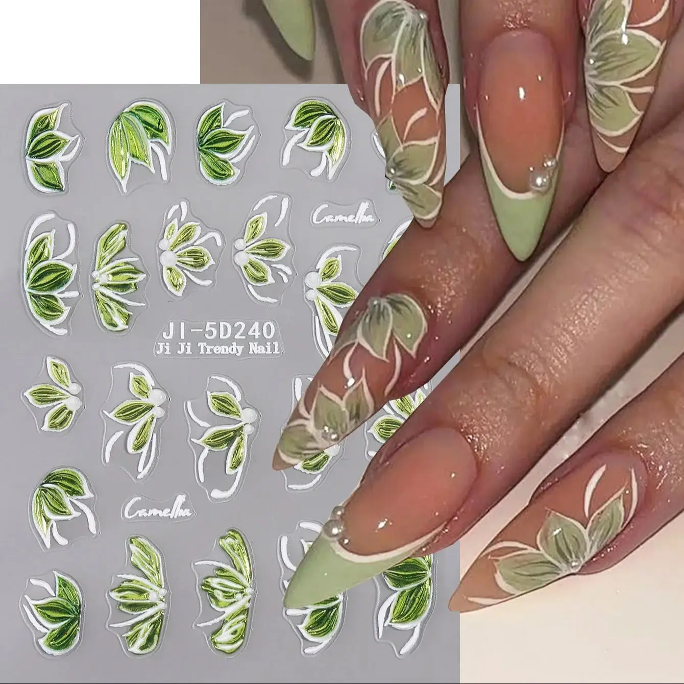 녹색 꽃 잎 네일 스티커 5D Ins 스타일 녹색 식물 Y2k 네일 장식 카멜리아..