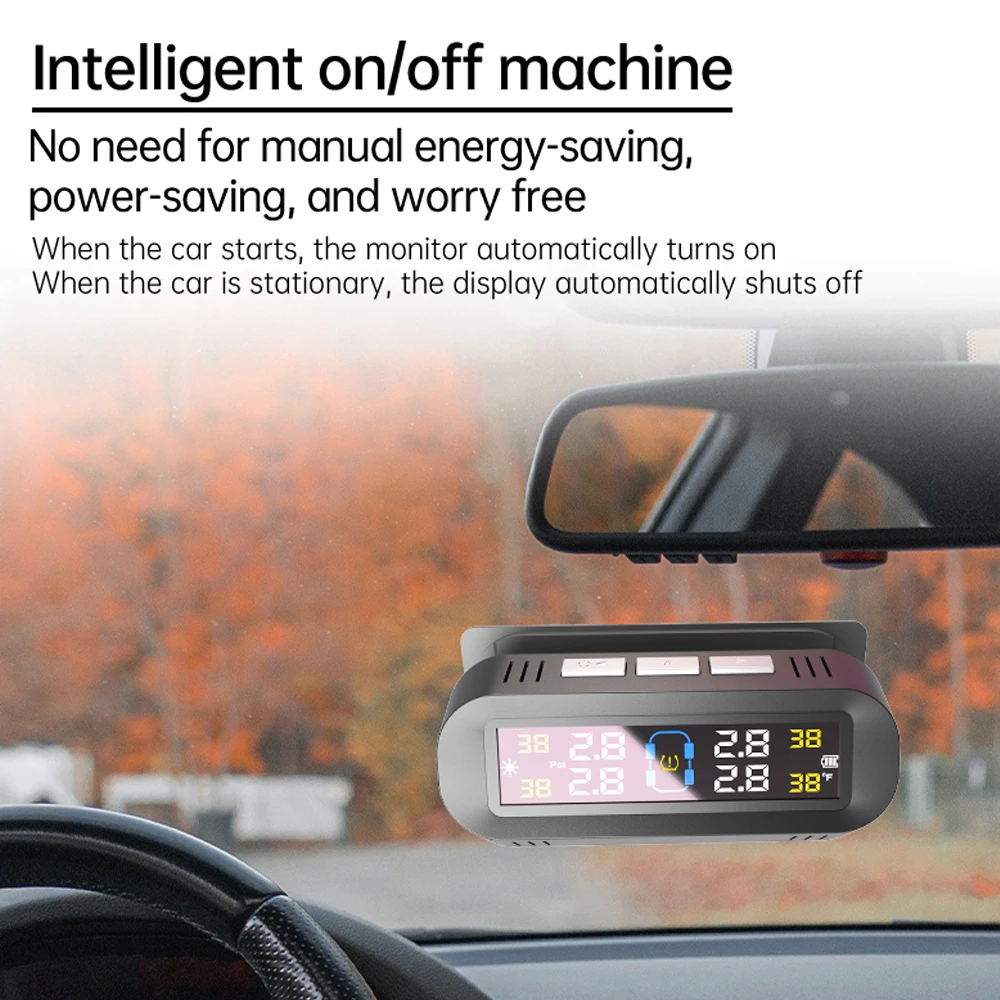 Car TPMS Tire Pressure Alarm Monitor System 4 External Sensors Temperature Warning Digital Colorful Display Wireless Solar