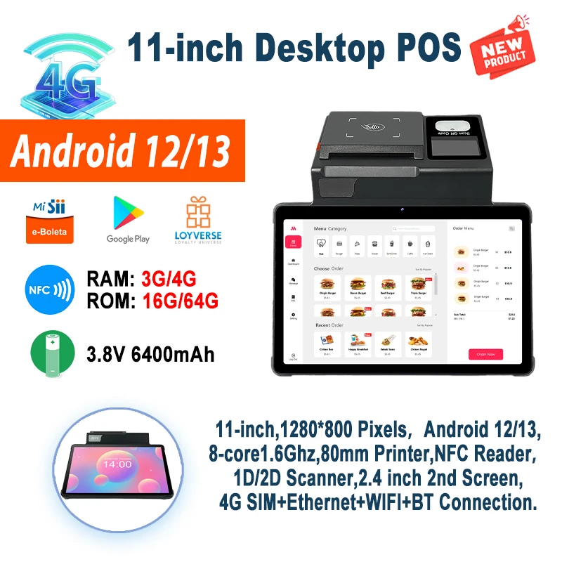 Good looking 11 inch Android 12 POS Terminal with 80mm Printer 3G+16G/4G+64G Desktop Loyverse POS, 2D Scanner 4G WIFI BT Network