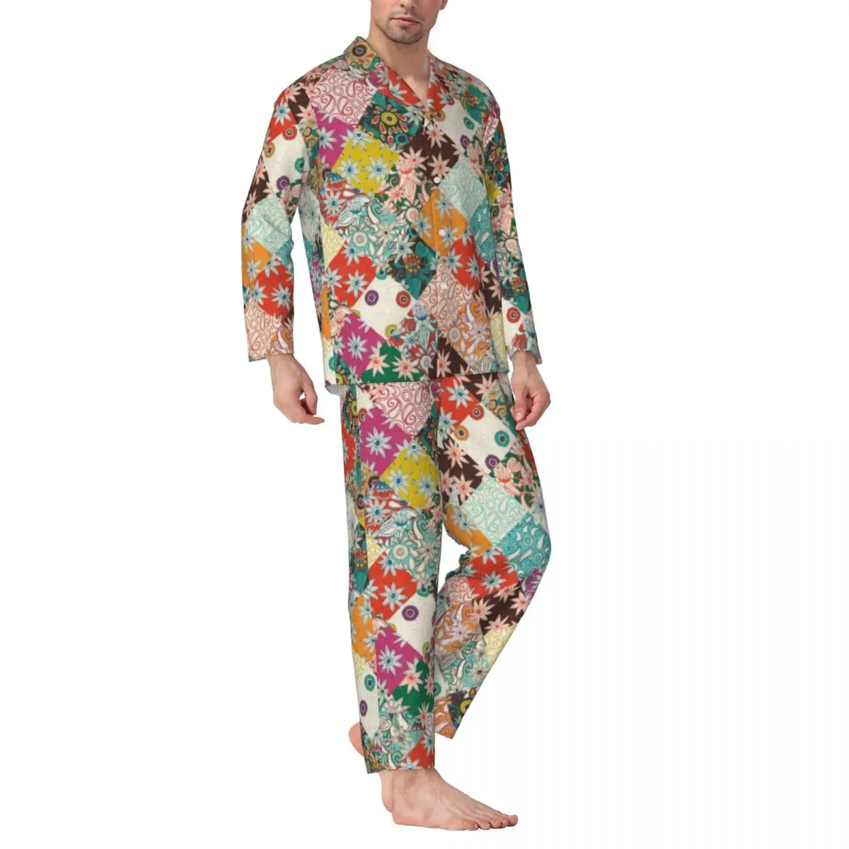 

Hippie Patchwork Pajama Sets Autumn Vintage Floral Print Kawaii Home Sleepwear Unisex 2 Pieces Casual Oversize Pattern Nightwear