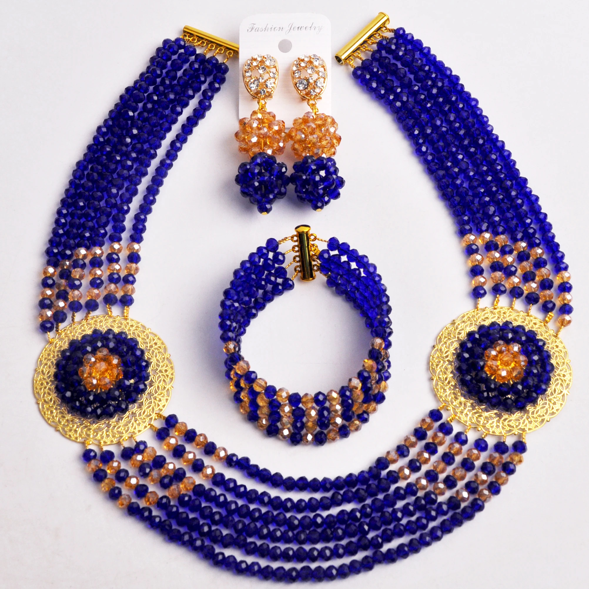 

Royal Blue and Champagne Gold AB African Beads Jewelry Set Crystal