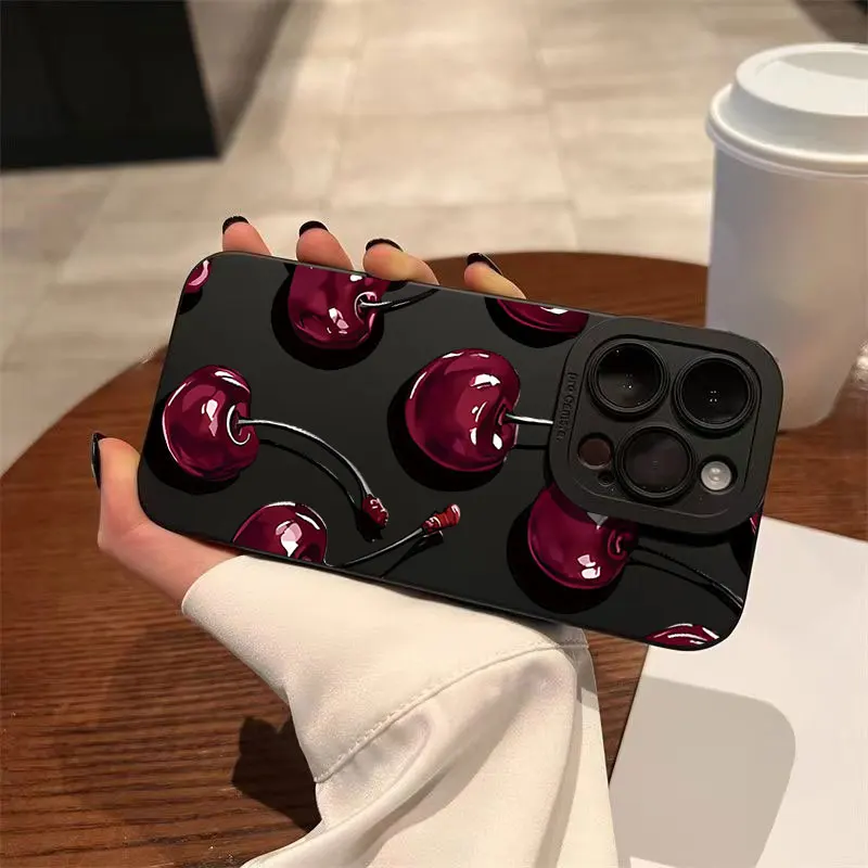 Cute Deep Red Cherry Pattern Shockproof Matte Phone Case