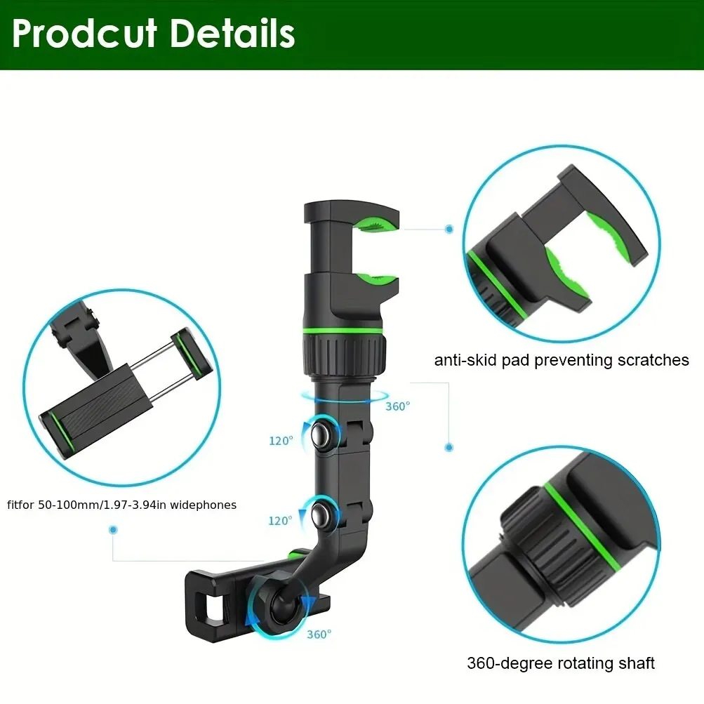 360° Rotatable & Retractable Rearview Mirror Phone Mount - Multifunctional Car Holder