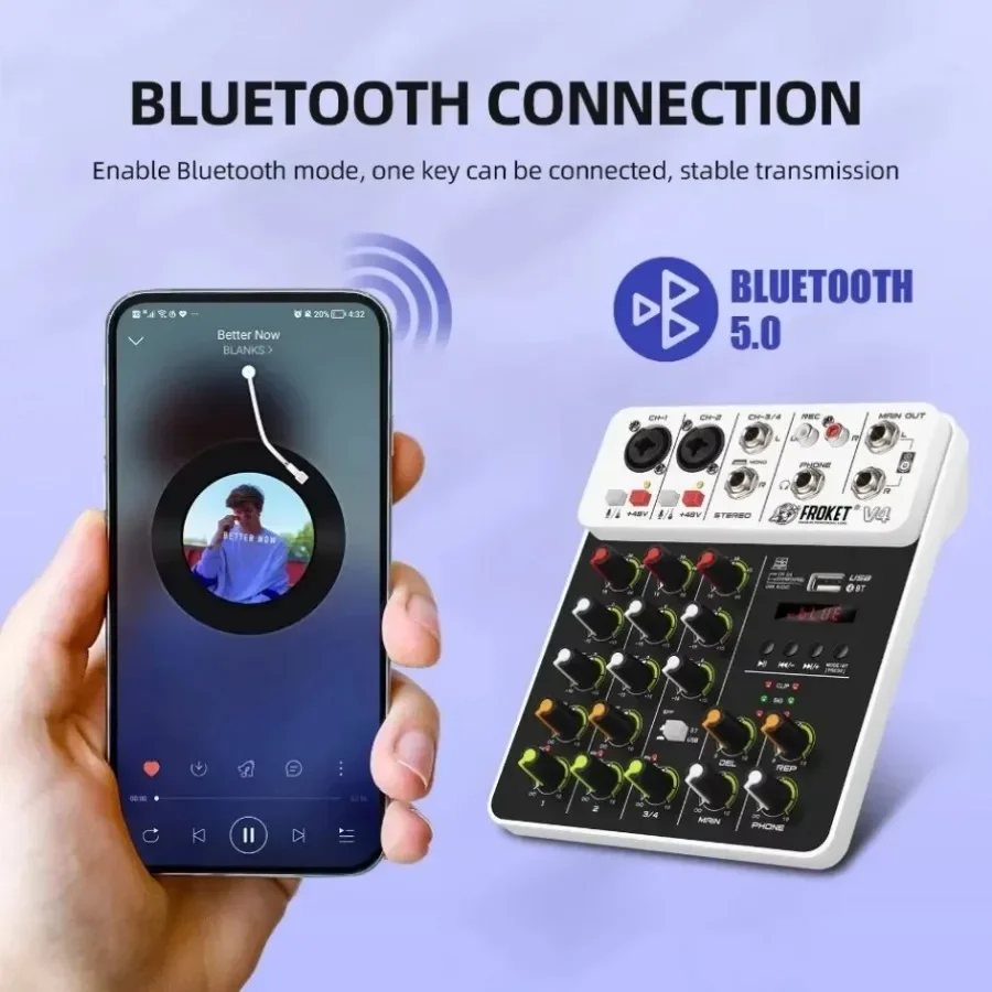 Portable 4 Channel Audio Mixer with Bluetooth and USB Recording