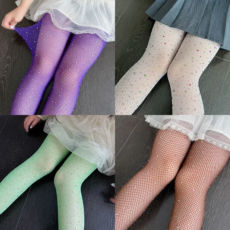 Kids Girl Fashion Shiny Rhinestone Solid Color Children Pantyhose Summer Mesh Thin Tight for Breathable Legging Stocking Sock