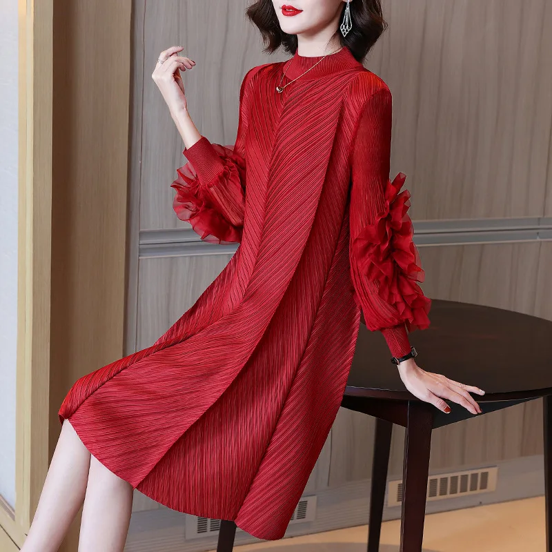 

Woman Pleated Midi Dress Ruffles Mesh Long Sleeve Half Turtleneck Vintage Style Elegant 2023 Fashion Patchwork Dresses