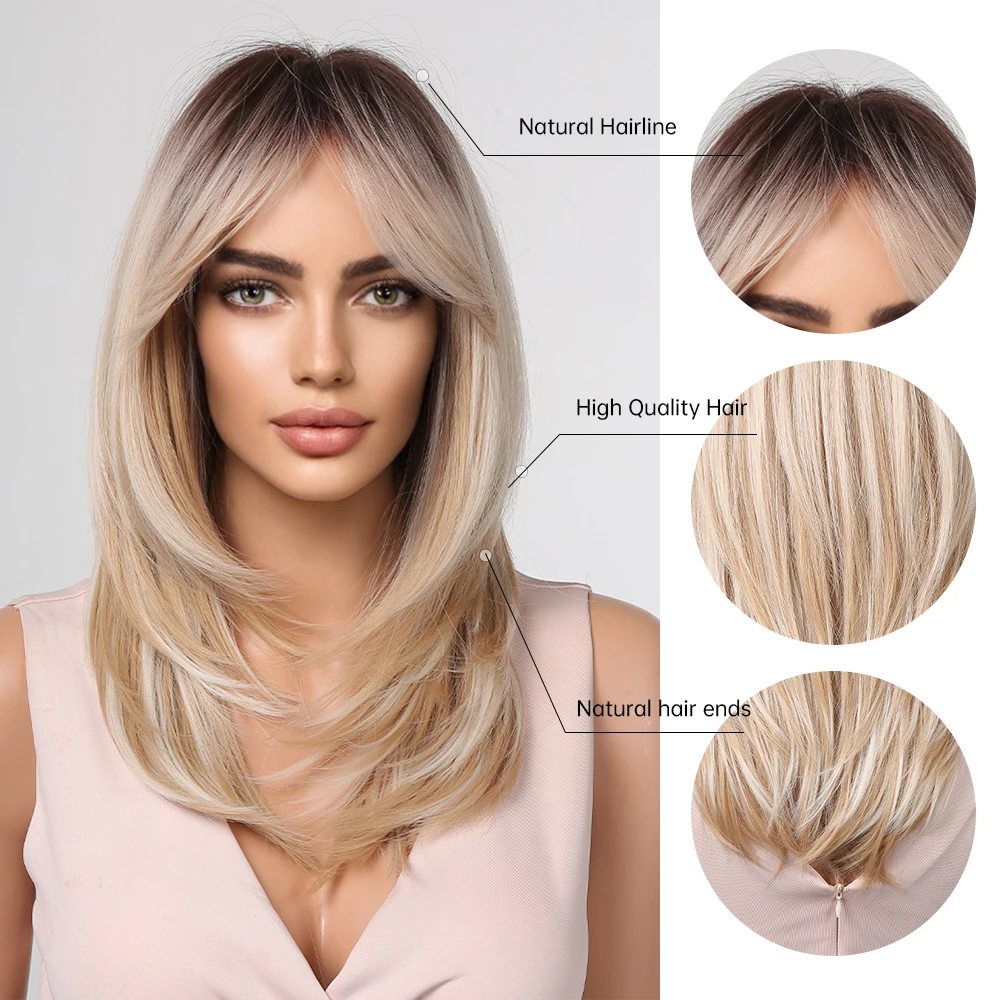 Synthetic Wig Long Blonde For Women With Fringe Ombre Color Dark Roots Layered Heat Resistant