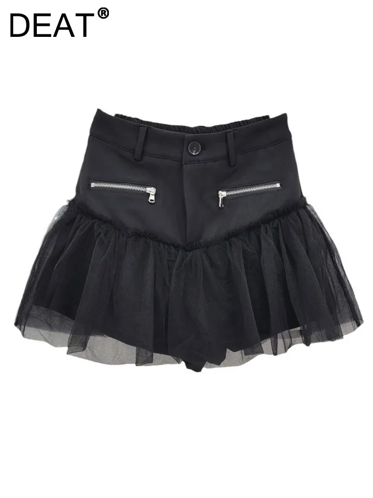 

Женские шорты с высокой талией DEAT, однотонная сетчатая юбка с карманами на молнии, короткие брюки, лето 2024, 33A1443