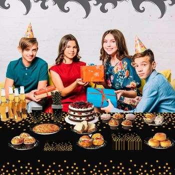 Black Gold Party Tableware,121pcs Black and Gold Dot Paper Tableware Set-Black and Gold Paper Plates and Cups Napkins Tablecloth 2