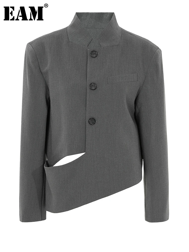 

[EAM] Women Gray Hollow Out Irregular Blazer New Stand Collar Long Sleeve Loose Fit Jacket Fashion Spring Autumn 2023 MZY81526