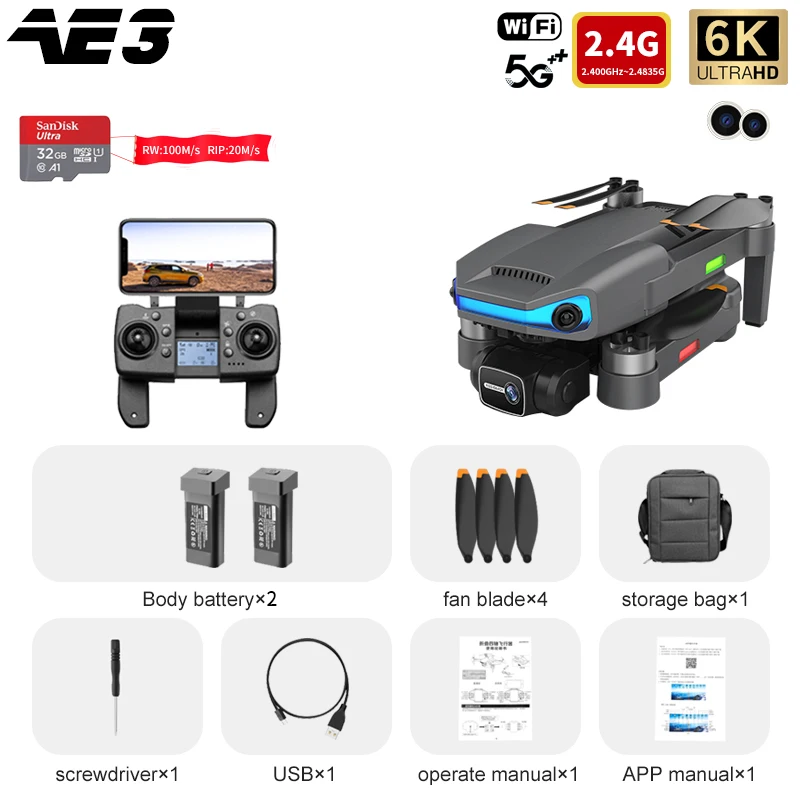 AE3 PRO Max GPS Drone 4K Dual Camera 3 Axis Gimbal Professional Aerial Radar Obstacle Avoidance 5G Wifi FPV Quadcopter Gift Toy rc helicopter with camera RC Helicopters